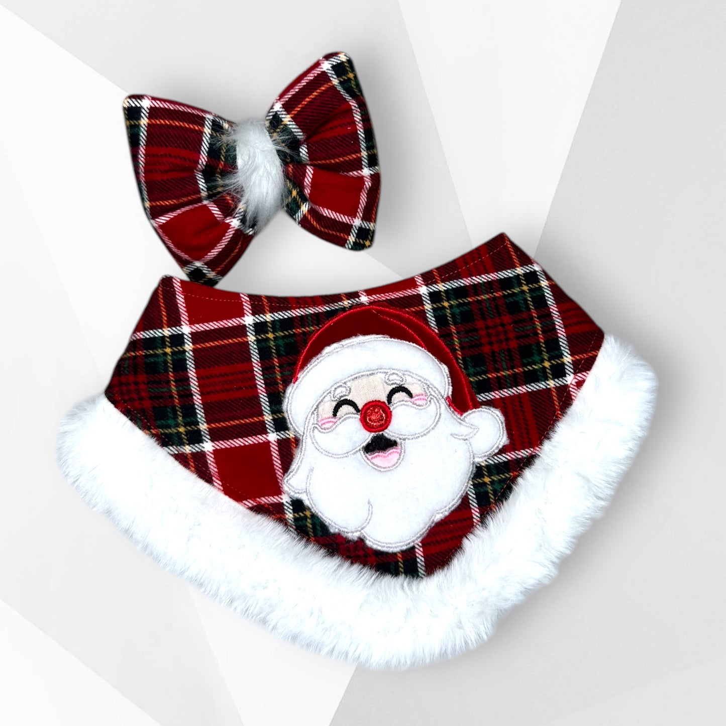 Plaid Santa Dog Bandanna – Appliqué Christmas Dog Accessory
