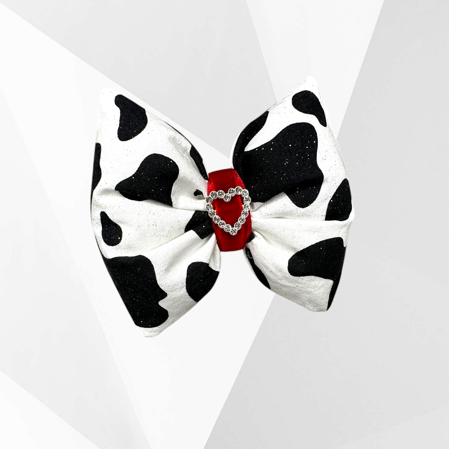 Cow Print Valentine Dog Bow with Rhinestone Heart - Handmade Luxury Accessory