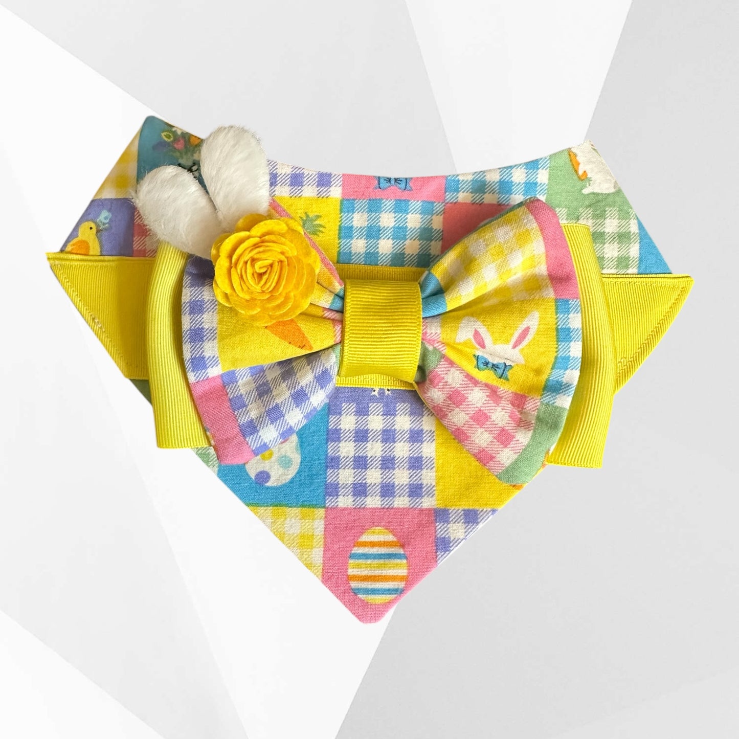 Luxury Easter Gingham Dog Bandanna – Handmade Bunny Bow Bandanna with 3D Ears & Floral Accents