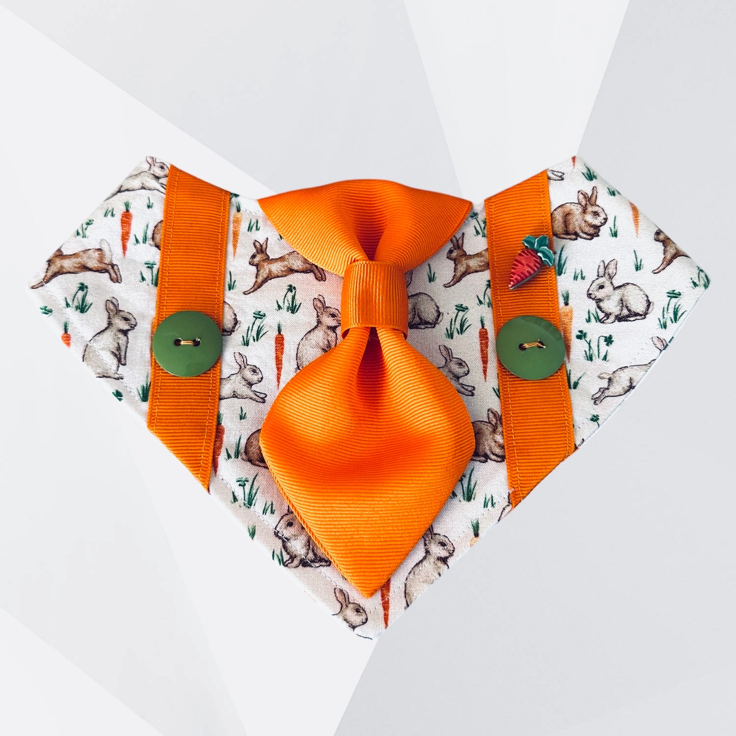 Luxury Easter Bunny & Carrot Dog Bandanna – Handmade Spring Bandanna with Tie, Ruffles & Bow Accents