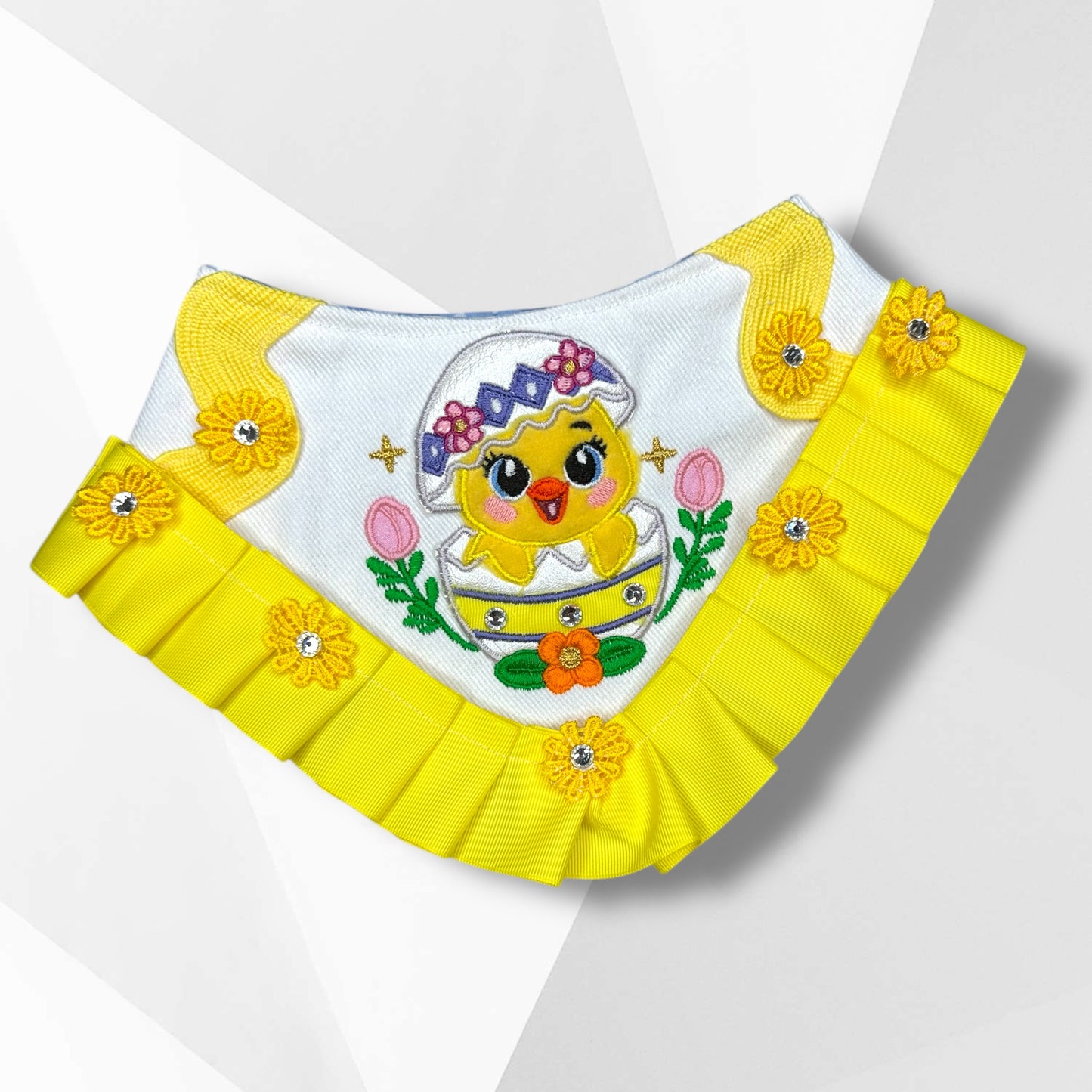 Luxury Easter Dog Bandanna – Handmade Appliqué Chick Bandanna with Sparkling Crystals