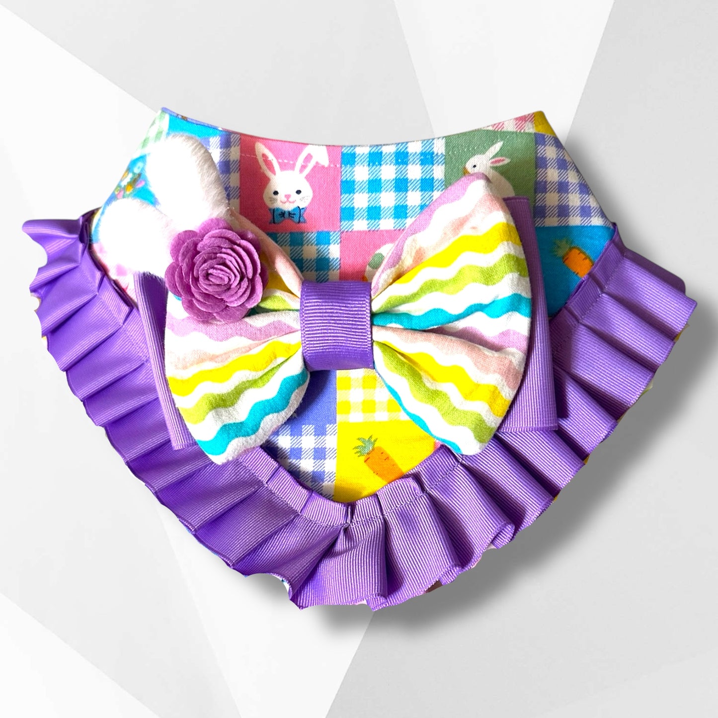 Luxury Easter Gingham Dog Bandanna – Handmade Bunny Bow Bandanna with 3D Ears & Floral Accents