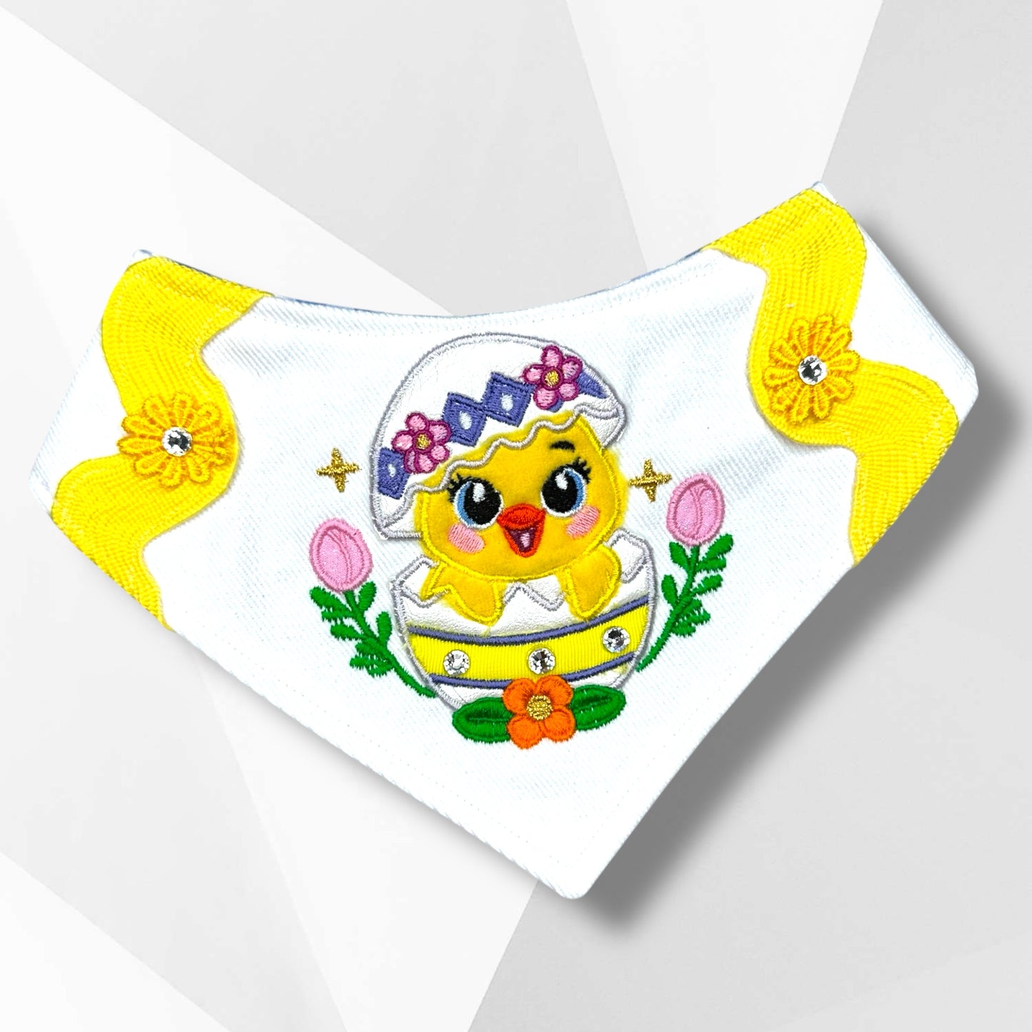 Luxury Easter Dog Bandanna – Handmade Appliqué Chick Bandanna with Sparkling Crystals