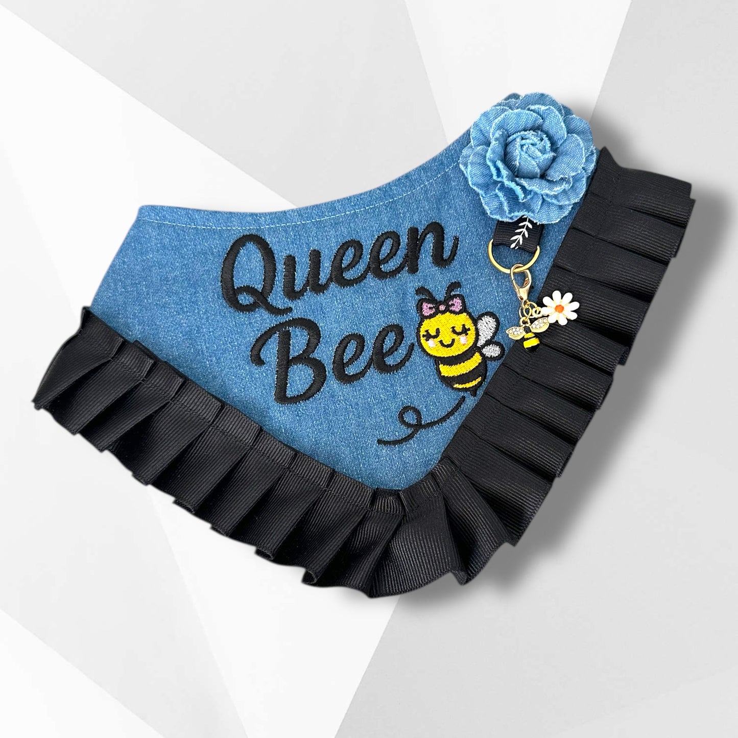 King Bee & Queen Bee Dog Bandannas – Embroidered Denim Dog Accessories with Removable Bee Charm | Luxury Handmade Pet Fashion