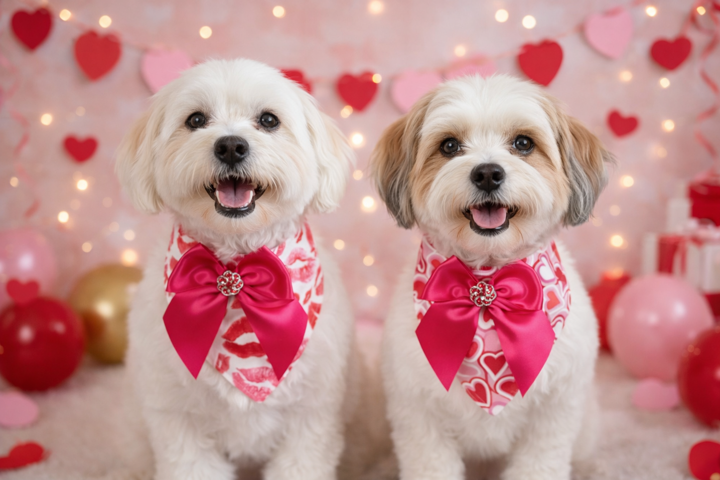 Valentine’s Day Luxury Dog Bandanna with Satin Bow & Red Rhinestone | Handmade Couture Dog Accessory