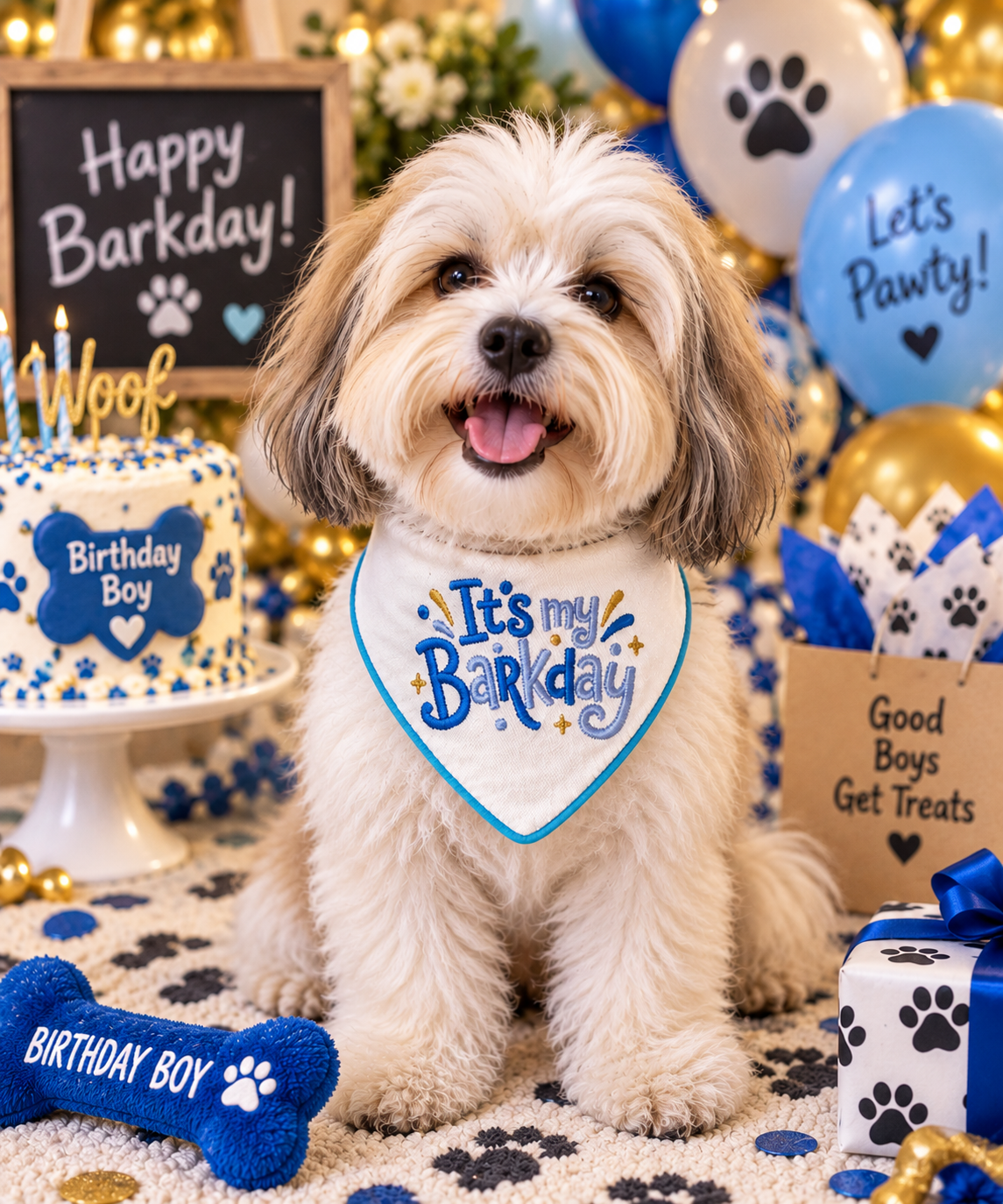 It’s My Barkday! Boys Embroidered Reversible Couture Dog Bandanna