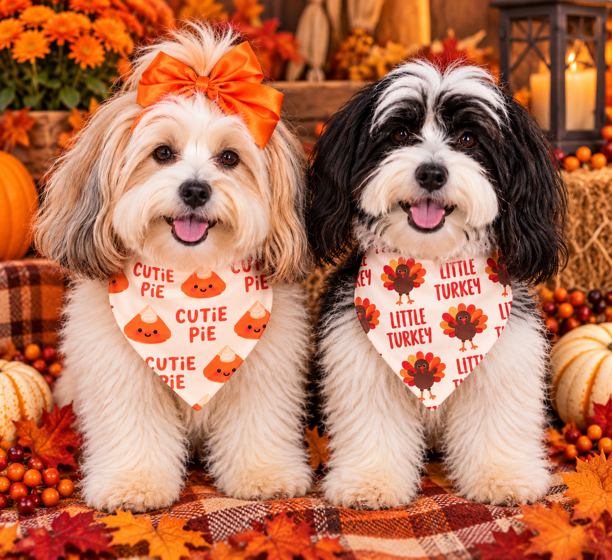 Little Turkey & Cutie Pie Reversible Thanksgiving Dog Bandana | Optional Gold Fringe