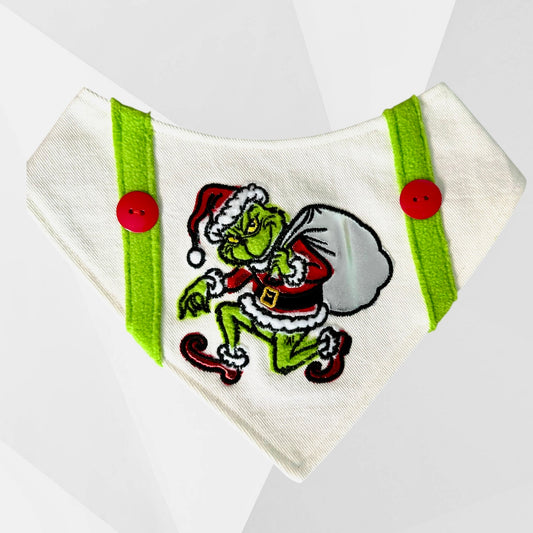 Sneaky GrinchE-Inspired Dog Bandanna – Appliqué Christmas Dog Accessory