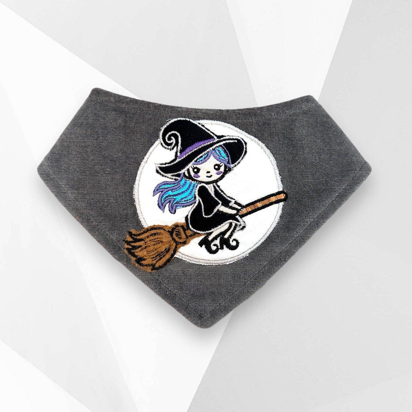 Witch on a Broom Dog Bandanna - Handmade Couture Halloween Dog Accessory