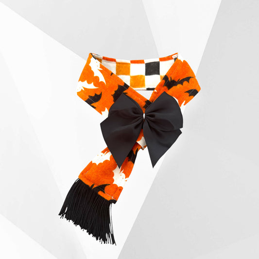 Glow-in-the-Dark Halloween Flannel Dog Scarf with Adjustable Fit and Satin Bow