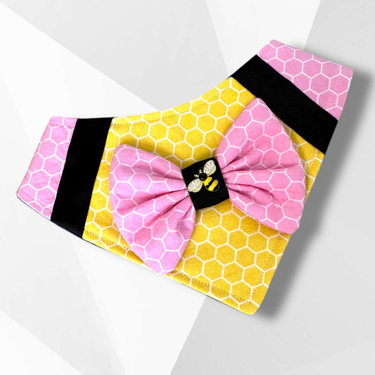 Bee-Themed Dog Bandanna with Pink Bowtie & Honeycomb Print – Handmade Luxury Dog Accessory