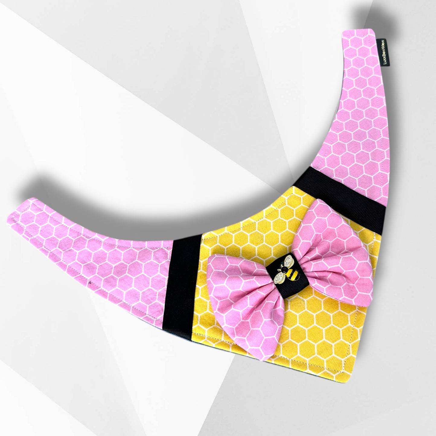 Bee-Themed Dog Bandanna with Pink Bowtie & Honeycomb Print – Handmade Luxury Dog Accessory