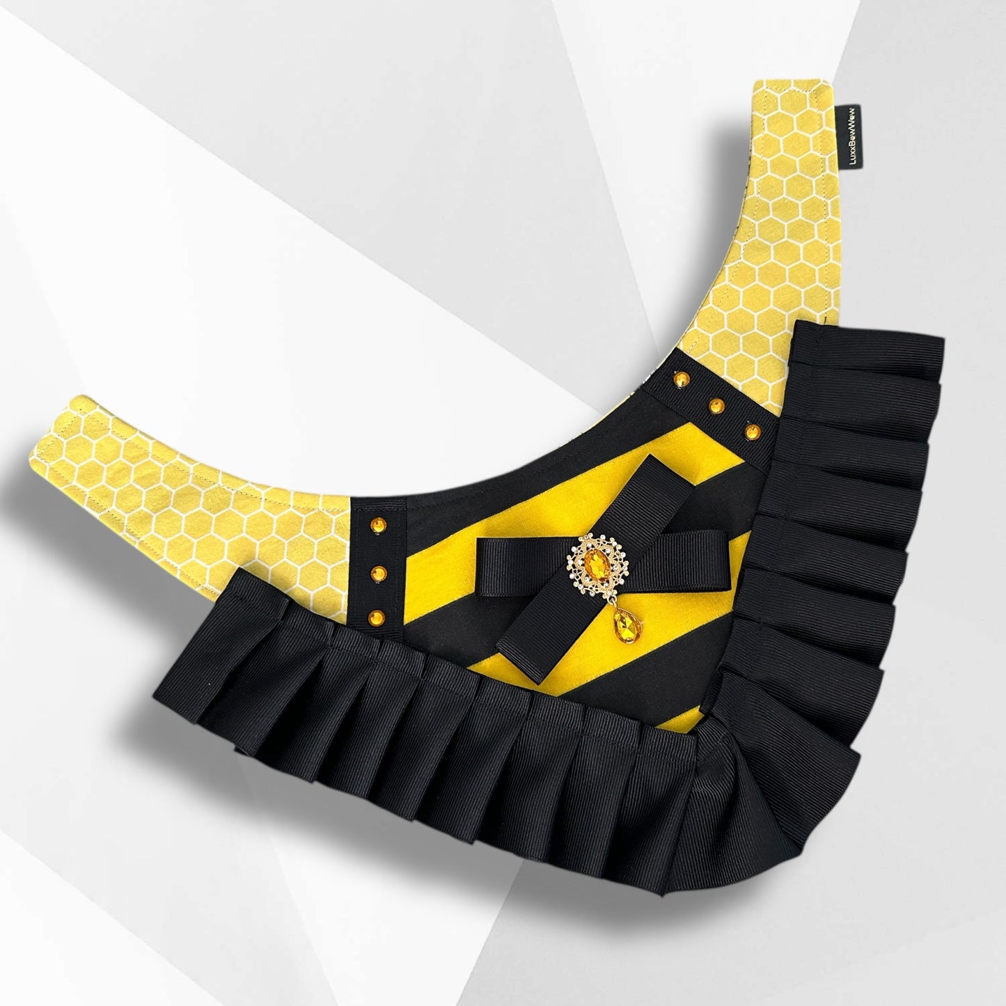 Luxury Bee-Inspired Girl Dog Bandanna with Jeweled Brooch & Ruffle Trim – Handmade Couture Dog Accessory