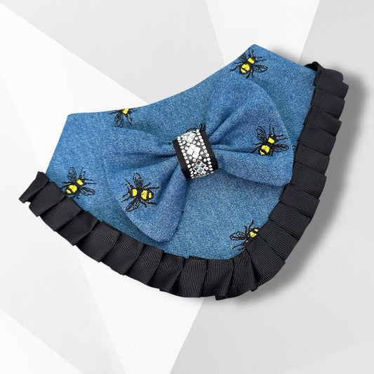 Embroidered Bee Dog Bandanna – Handmade Denim Dog Bandana with Gem Bow | Luxury Dog Accessory for Boys & Girls