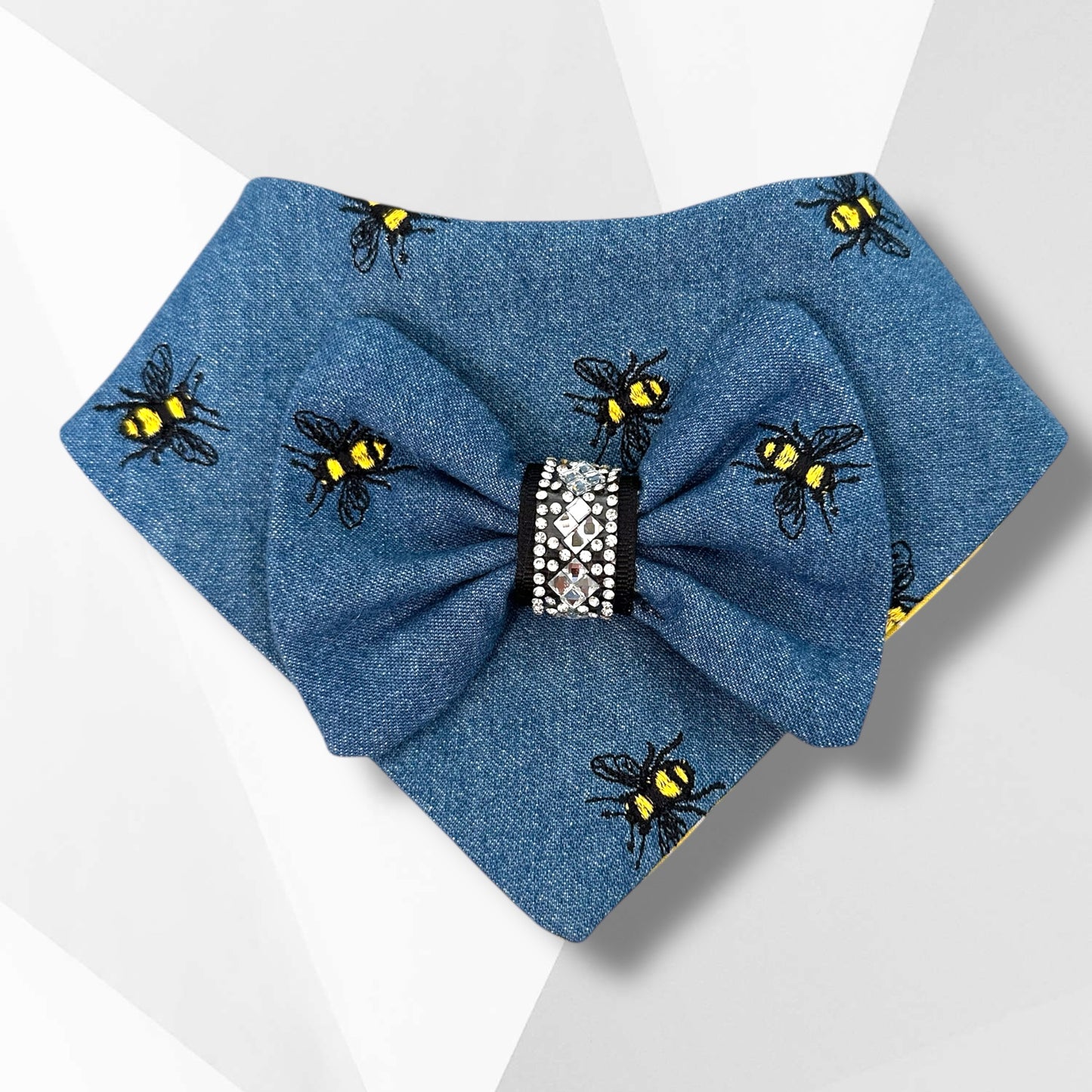 Embroidered Bee Dog Bandanna – Handmade Denim Dog Bandana with Gem Bow | Luxury Dog Accessory for Boys & Girls