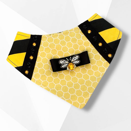 Luxury Bee Dog Bandanna for Boys – Handmade Yellow & Black Dog Bandanna with Jeweled Bee Pin