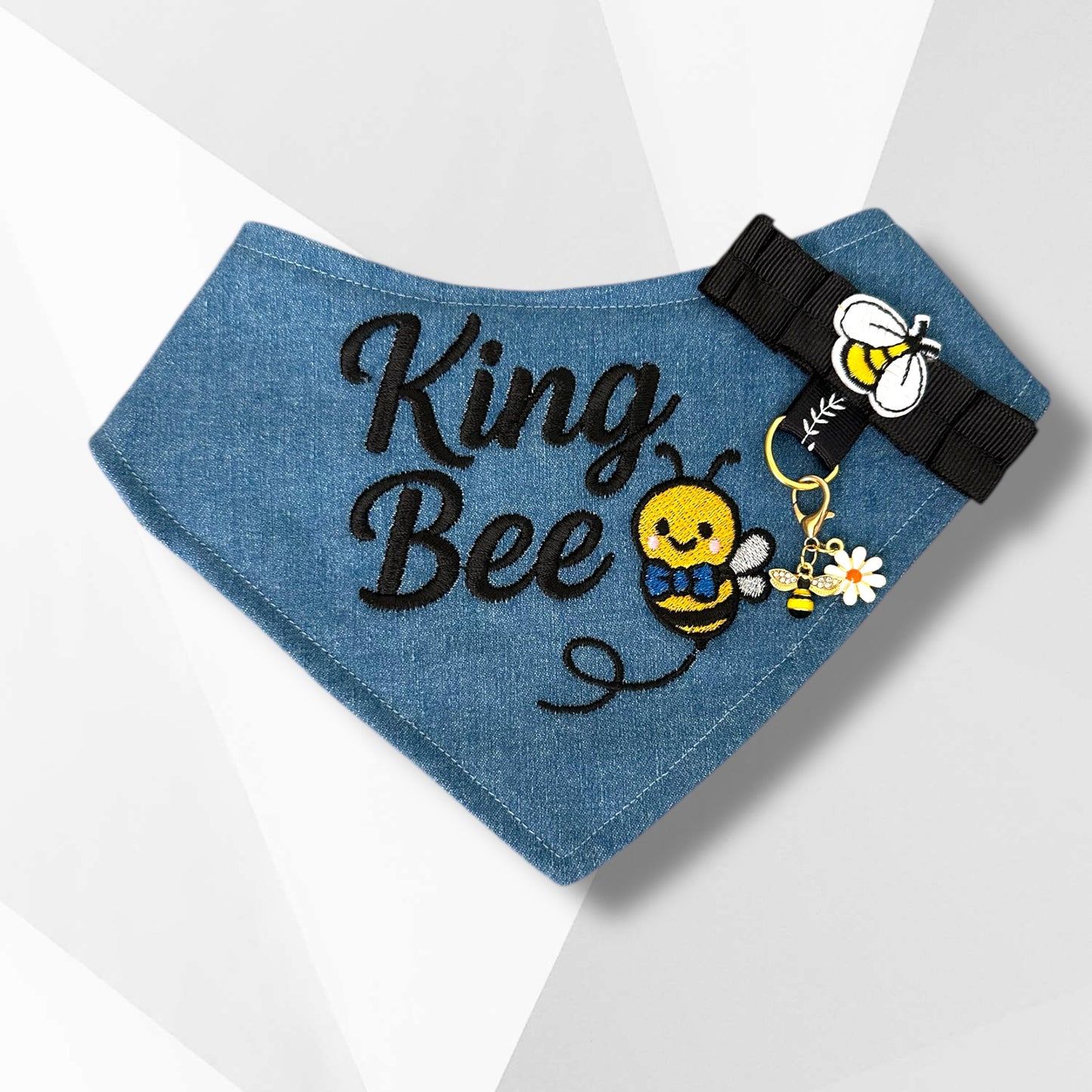 King Bee & Queen Bee Dog Bandannas – Embroidered Denim Dog Accessories with Removable Bee Charm | Luxury Handmade Pet Fashion