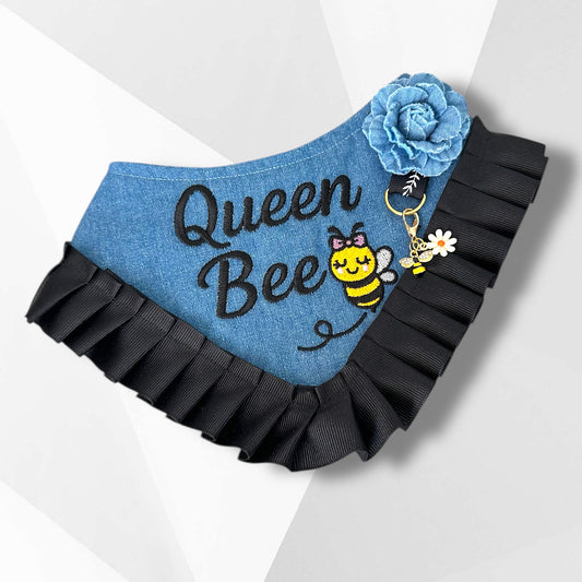 King Bee & Queen Bee Dog Bandannas – Embroidered Denim Dog Accessories with Removable Bee Charm | Luxury Handmade Pet Fashion