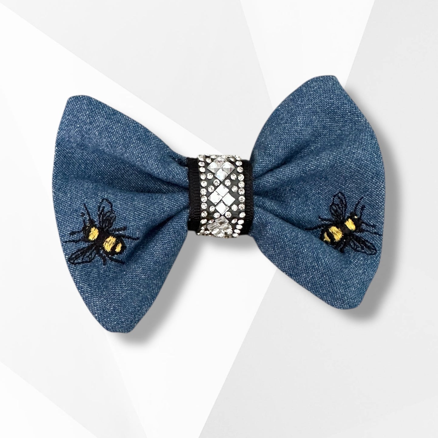 Embroidered Denim Bee Dog Hair Bow with Crystal Accent – Matches Luxury Bee Bandanna