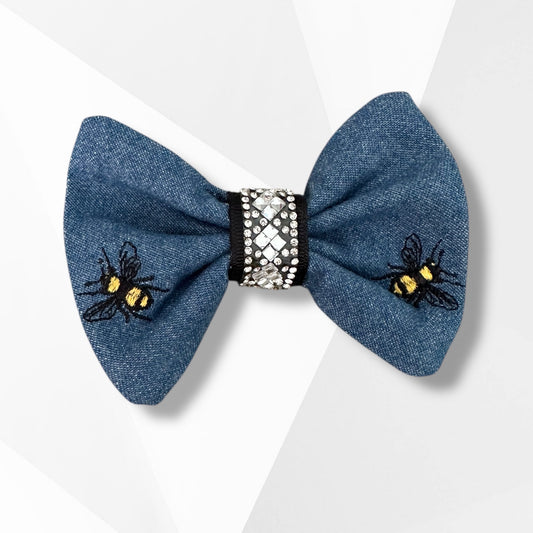 Embroidered Denim Bee Dog Hair Bow with Crystal Accent – Matches Luxury Bee Bandanna