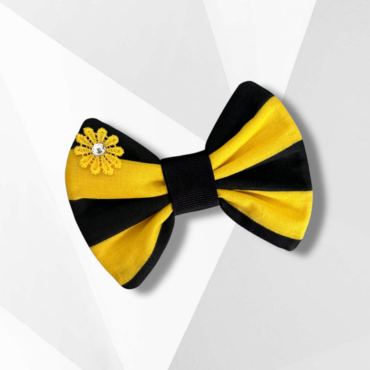 Striped Bee-Inspired Dog Hair Bow with Embroidered Flower – Matches Bee Appliqué Bandanna