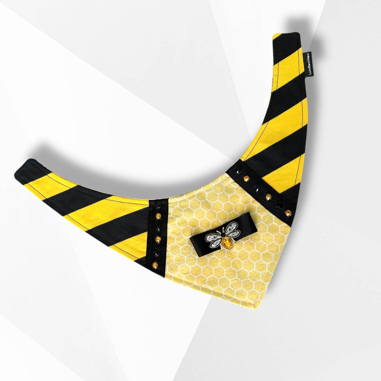 Luxury Bee Dog Bandanna for Boys – Handmade Yellow & Black Dog Bandanna with Jeweled Bee Pin