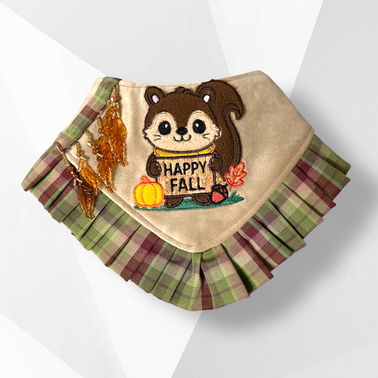Fall Dog Bandana – Handmade Appliqué Happy Fall Squirrel | Luxury Dog Bandana with Plaid and Leaf Trim
