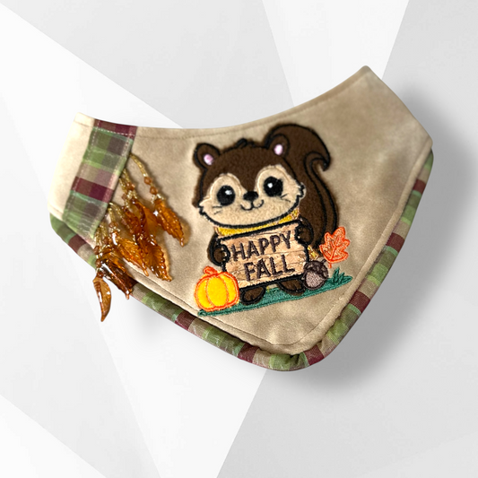 Fall Dog Bandana – Handmade Appliqué Happy Fall Squirrel | Luxury Dog Bandana with Plaid Piping