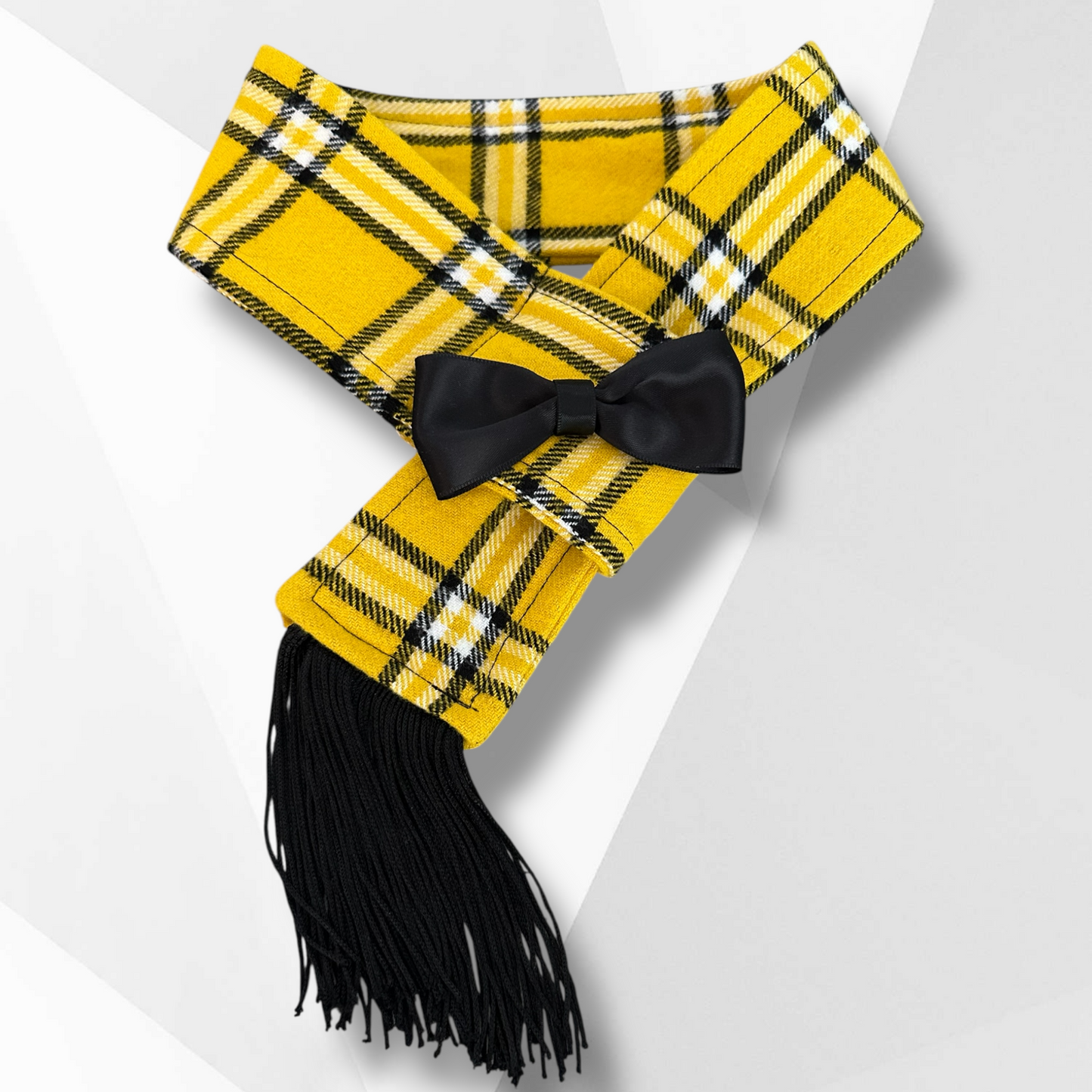 Luxury Yellow Plaid Dog Scarf with Black Bow | Handmade Flannel Dog Neck Warmer | Stylish Dog Accessory for Boys & Girls