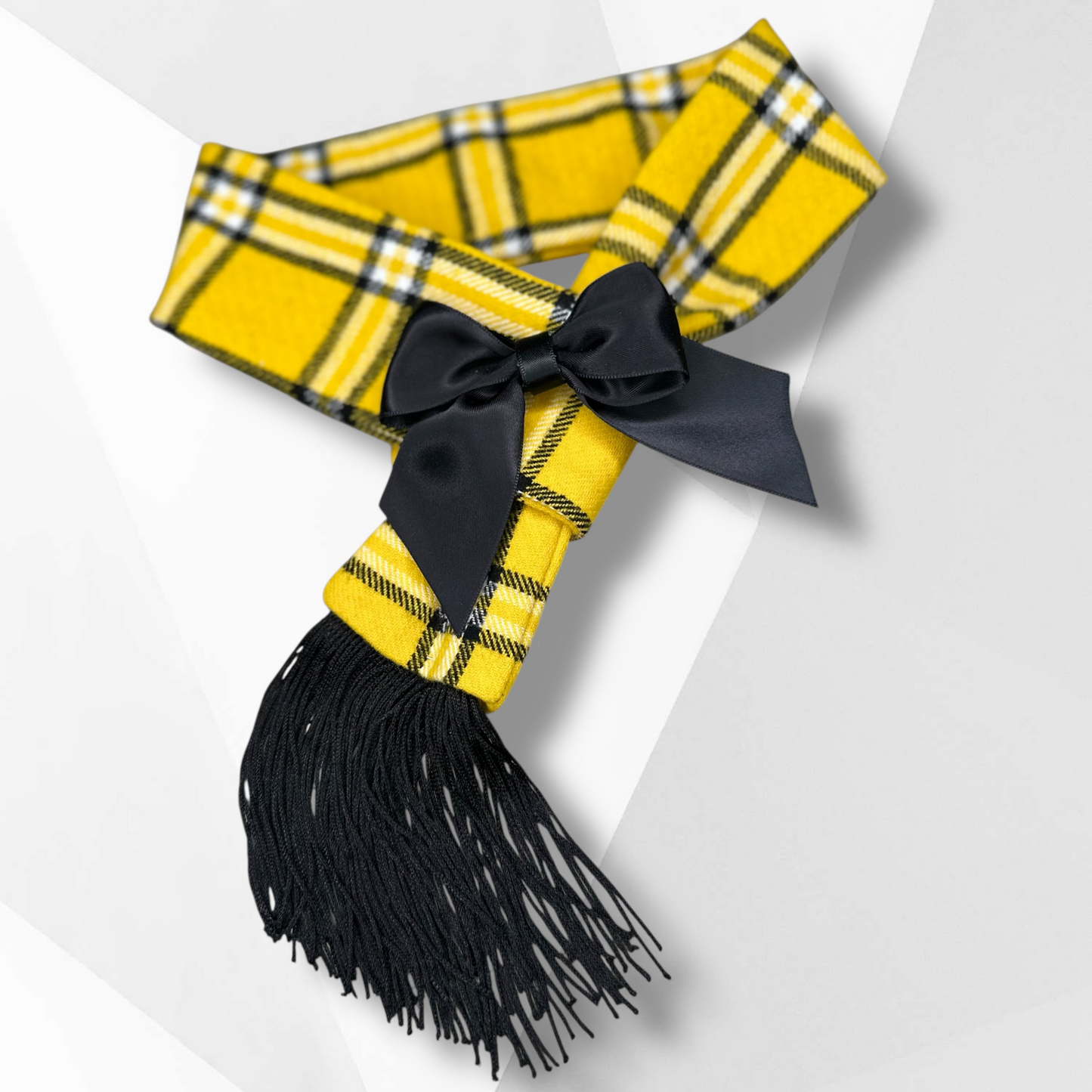 Luxury Yellow Plaid Dog Scarf with Black Bow | Handmade Flannel Dog Neck Warmer | Stylish Dog Accessory for Boys & Girls