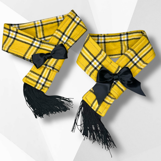 Luxury Yellow Plaid Dog Scarf with Black Bow | Handmade Flannel Dog Neck Warmer | Stylish Dog Accessory for Boys & Girls