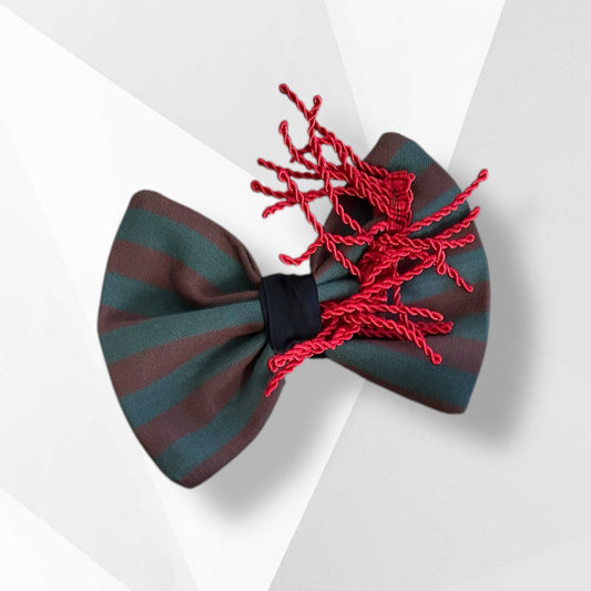 Luxury Handmade Freddy-Inspired Dog Hair Bow – Couture Halloween Dog Accessory with Red Fringe Accent