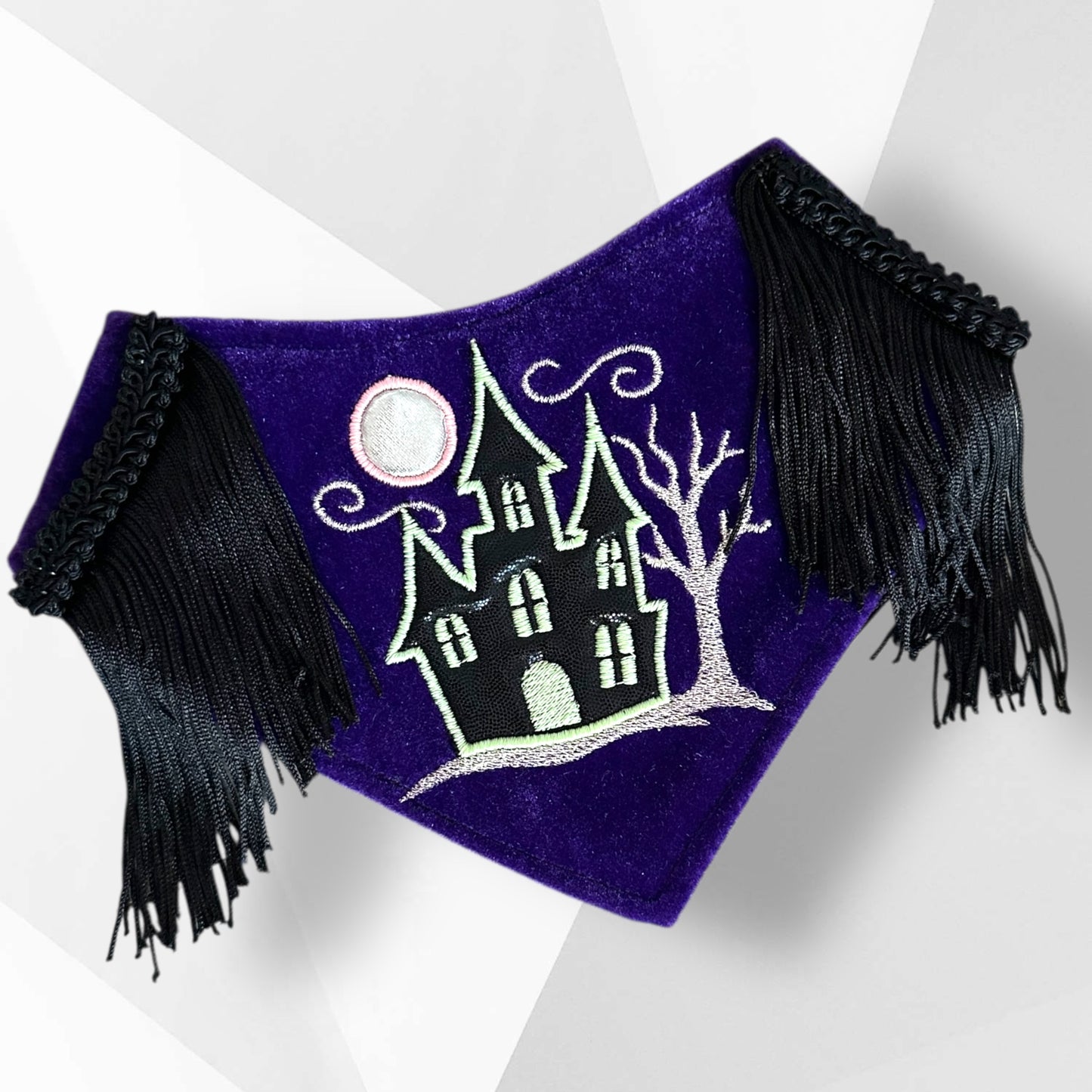 Luxury Handmade Haunted House Glow-in-the-Dark Dog Bandana – Couture Halloween Dog Accessory
