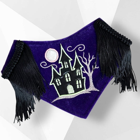 Luxury Handmade Haunted House Glow-in-the-Dark Dog Bandana – Couture Halloween Dog Accessory