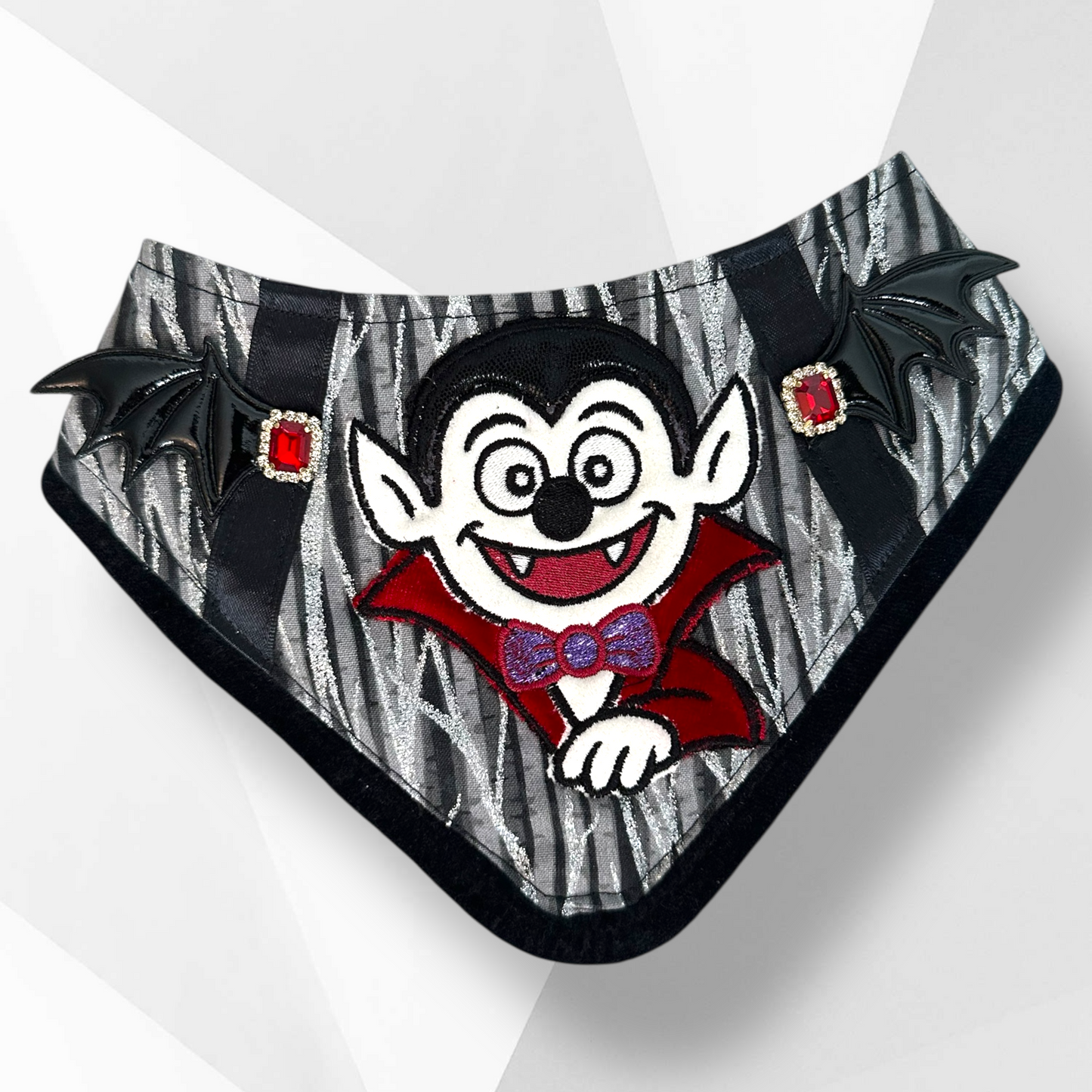 Luxury Handmade Vampire Dog Bandana – Couture Halloween Dog Accessory with Velvet Trim, Bat Wings & Jewel Accents