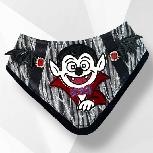 Luxury Handmade Vampire Dog Bandana – Couture Halloween Dog Accessory with Velvet Trim, Bat Wings & Jewel Accents