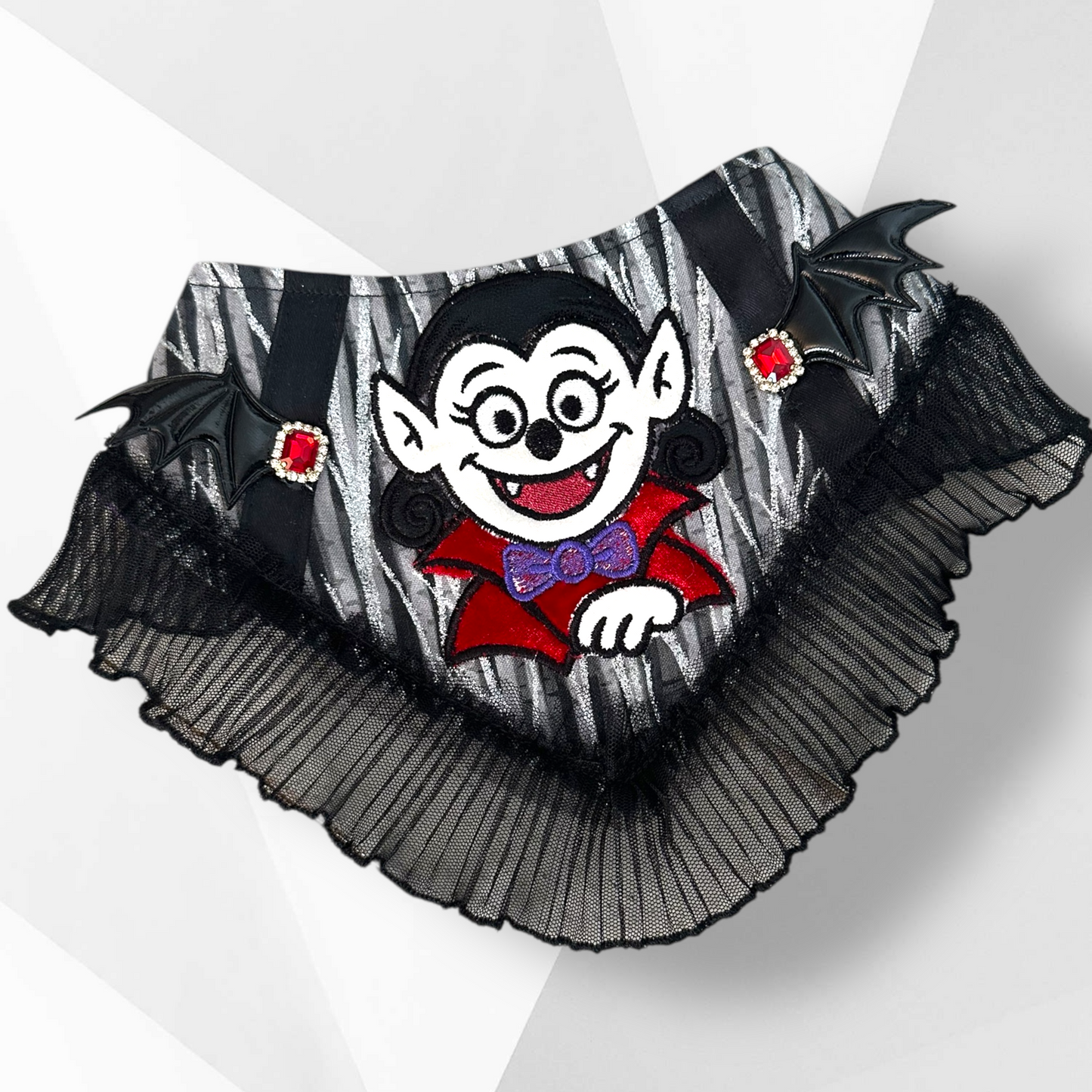 Luxury Handmade Vampire Dog Bandana – Couture Halloween Dog Accessory with Ruffle Trim, Bat Wings & Jewel Accents