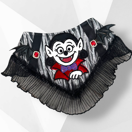 Luxury Handmade Vampire Dog Bandana – Couture Halloween Dog Accessory with Ruffle Trim, Bat Wings & Jewel Accents