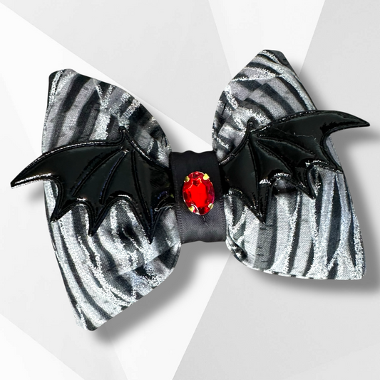 Luxury Handmade Vampire Dog Hair Bow – Couture Halloween Dog Accessory with Bat Wings & Jewel Accent