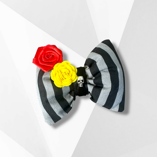 Luxury Handmade Día de los Muertos Dog Hair Bow – Couture Halloween Accessory with Flower & Skull Detail