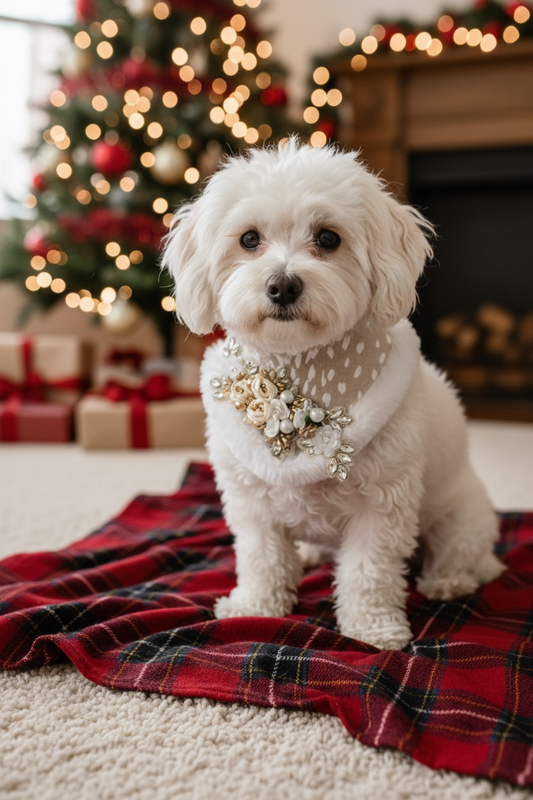 Luxury Winter Floral Jewel Dog Bandanna – Ivory & Gold Couture with Faux Fur Trim (Holiday Limited Edition)