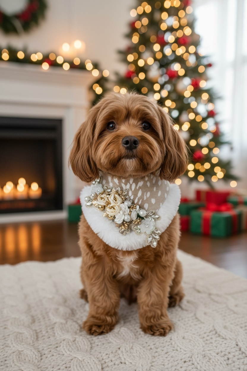 Luxury Winter Floral Jewel Dog Bandanna – Ivory & Gold Couture with Faux Fur Trim (Holiday Limited Edition)