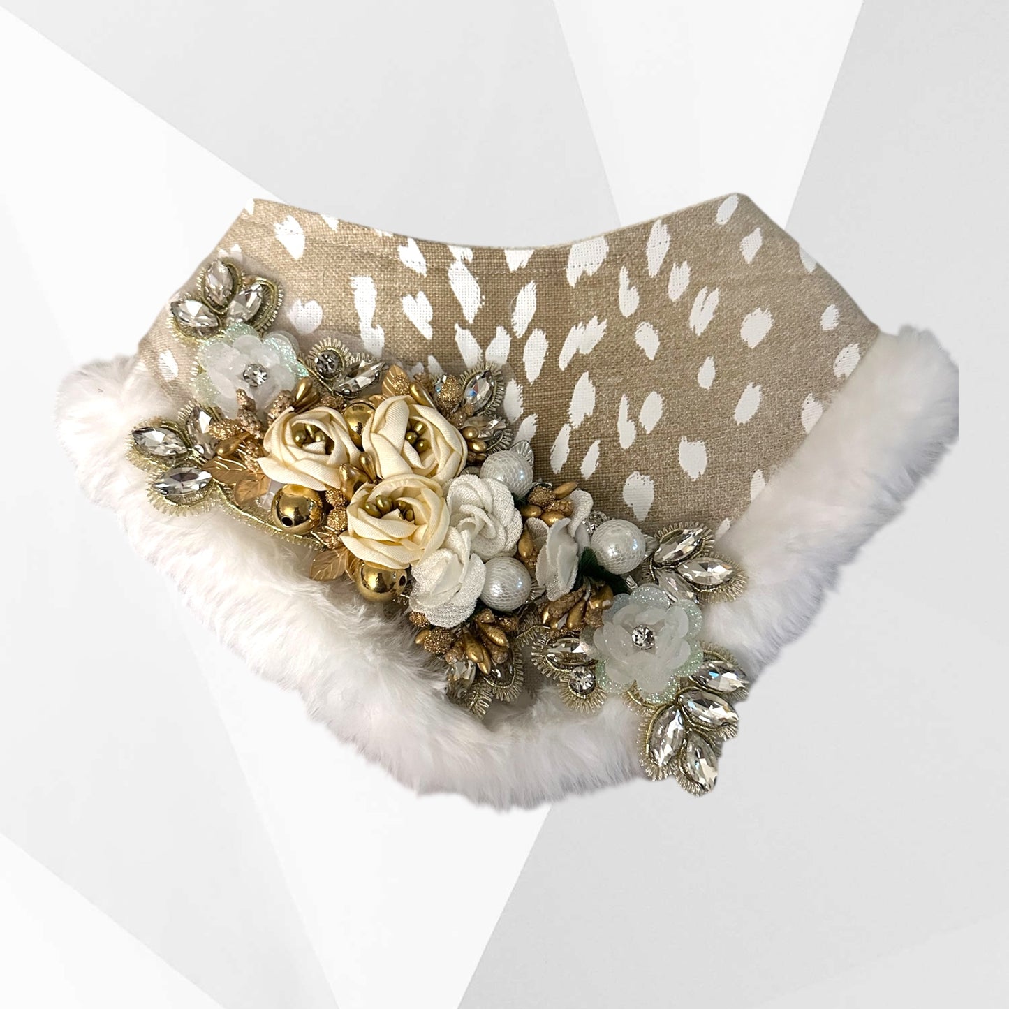 Luxury Winter Floral Jewel Dog Bandanna – Ivory & Gold Couture with Faux Fur Trim (Holiday Limited Edition)