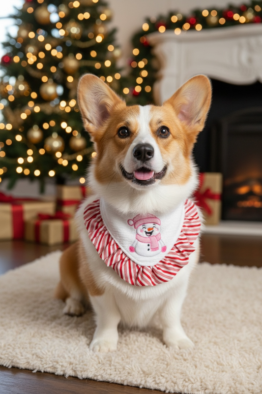 Luxury Snowman Appliqué Dog Bandanna – Pink Ruffle (Girls) & Blue Piping (Boys) Holiday Couture