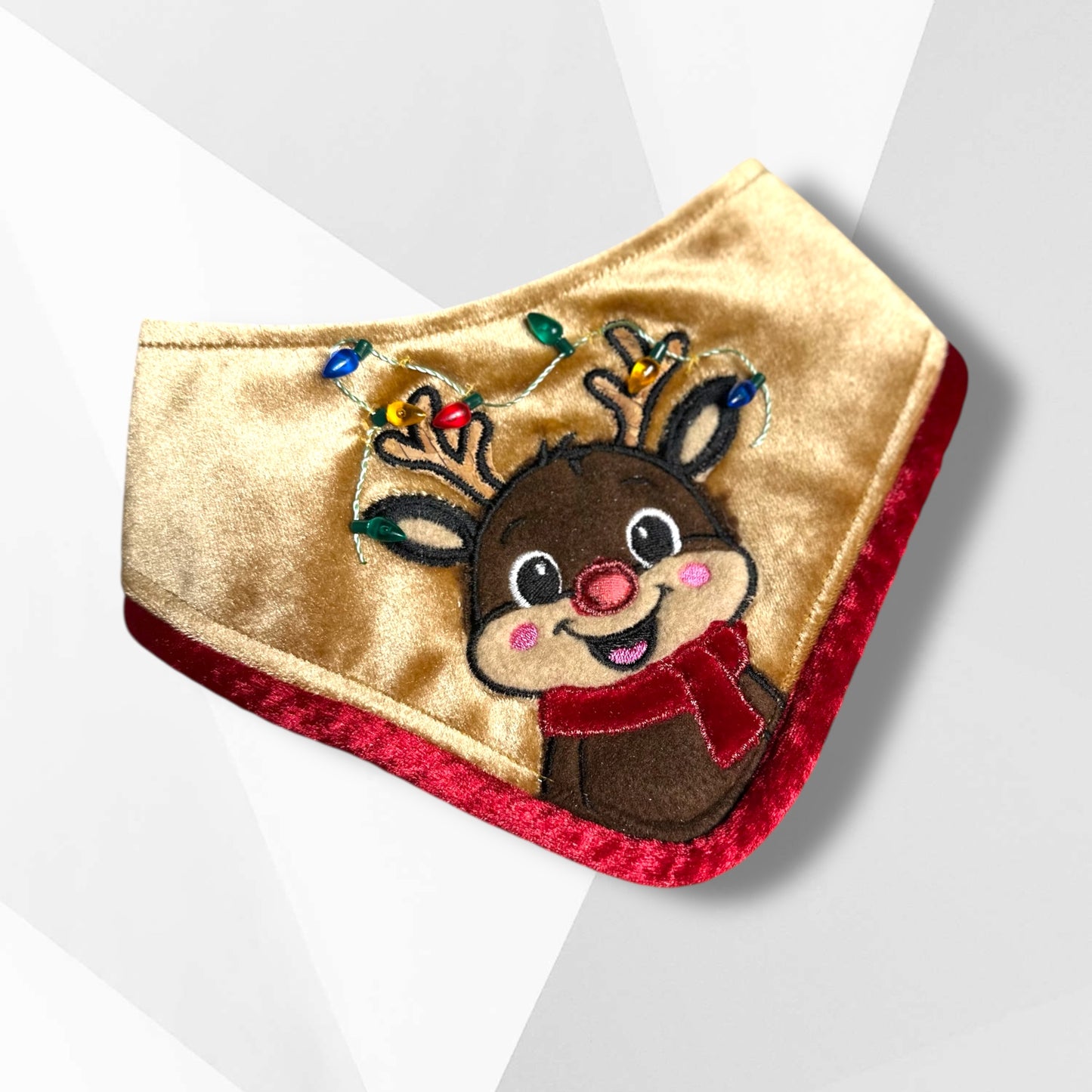 Luxury Rudolph the Red-Nosed Reindeer Appliqué Dog Bandanna – Gold Velvet Christmas Bandana with Red Ruffle (Girls) or Red Piping (Boys)