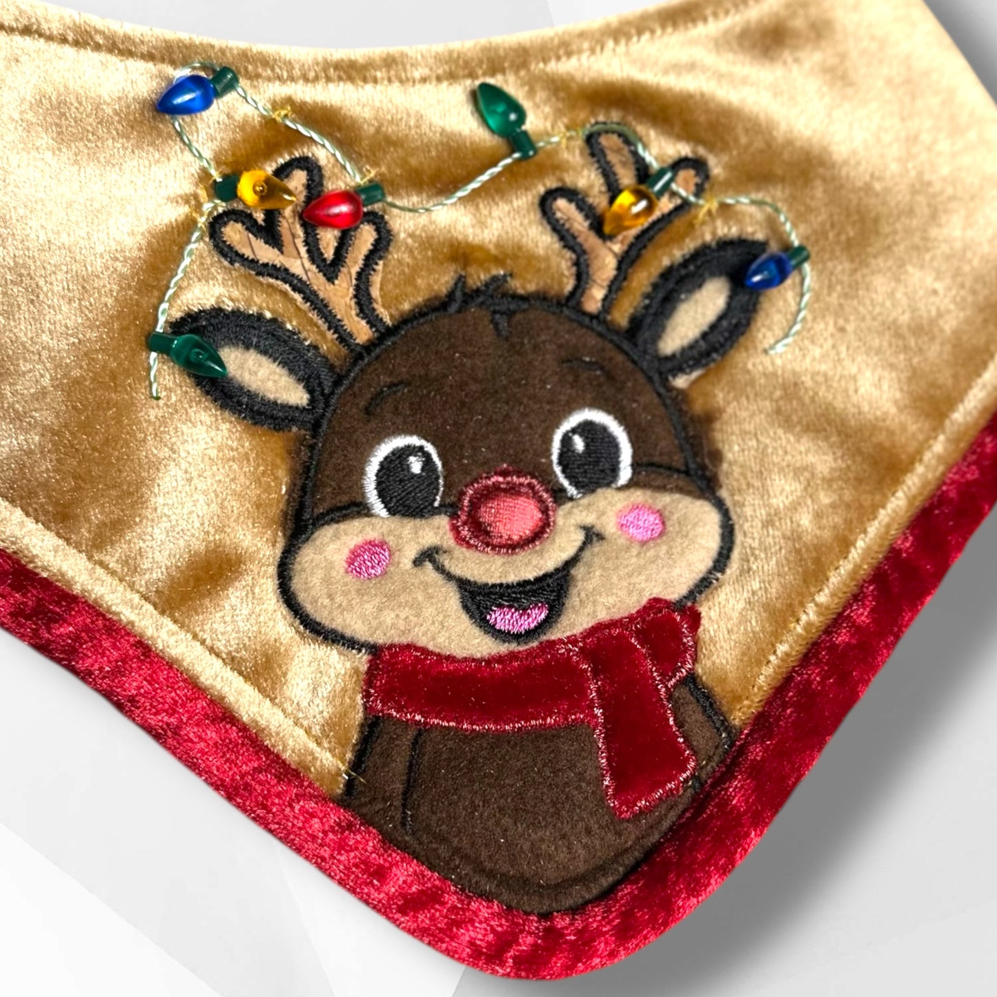Luxury Rudolph the Red-Nosed Reindeer Appliqué Dog Bandanna – Gold Velvet Christmas Bandana with Red Ruffle (Girls) or Red Piping (Boys)