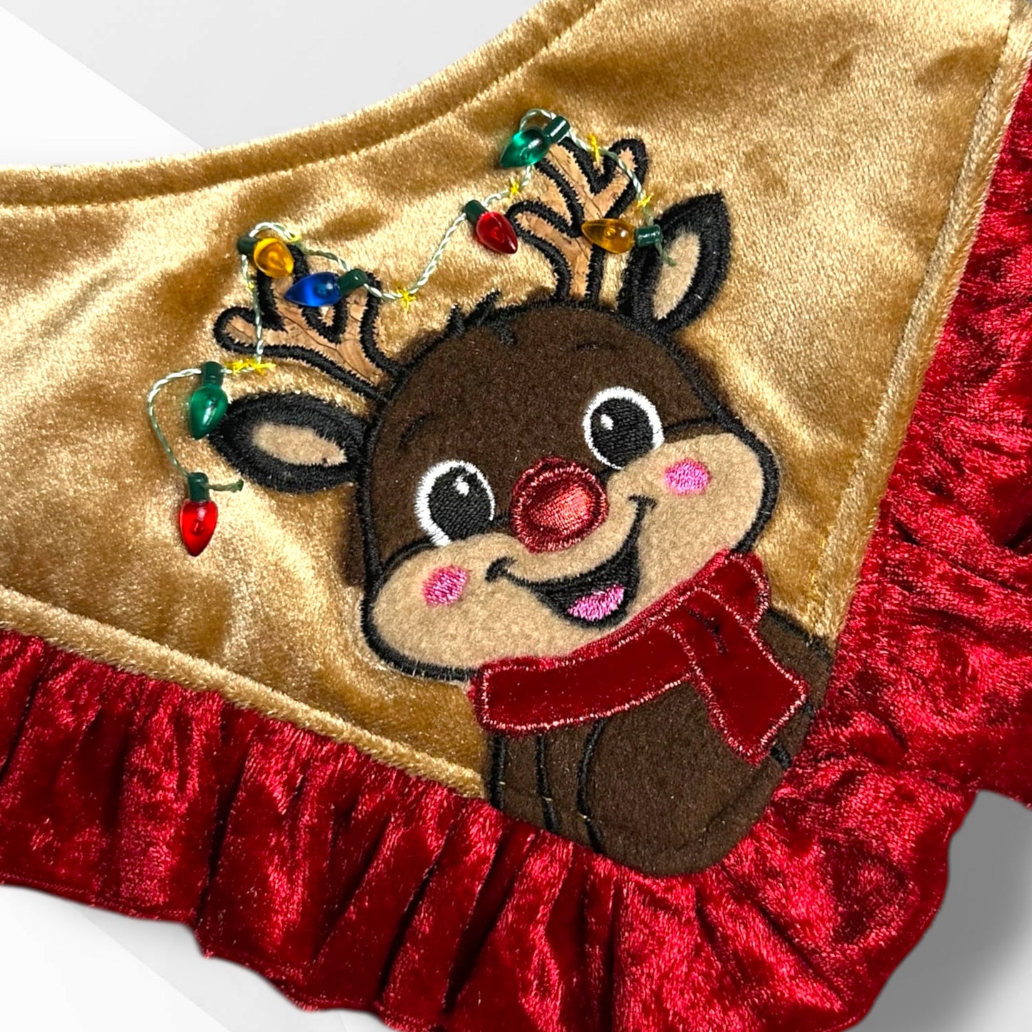 Luxury Rudolph the Red-Nosed Reindeer Appliqué Dog Bandanna – Gold Velvet Christmas Bandana with Red Ruffle (Girls) or Red Piping (Boys)