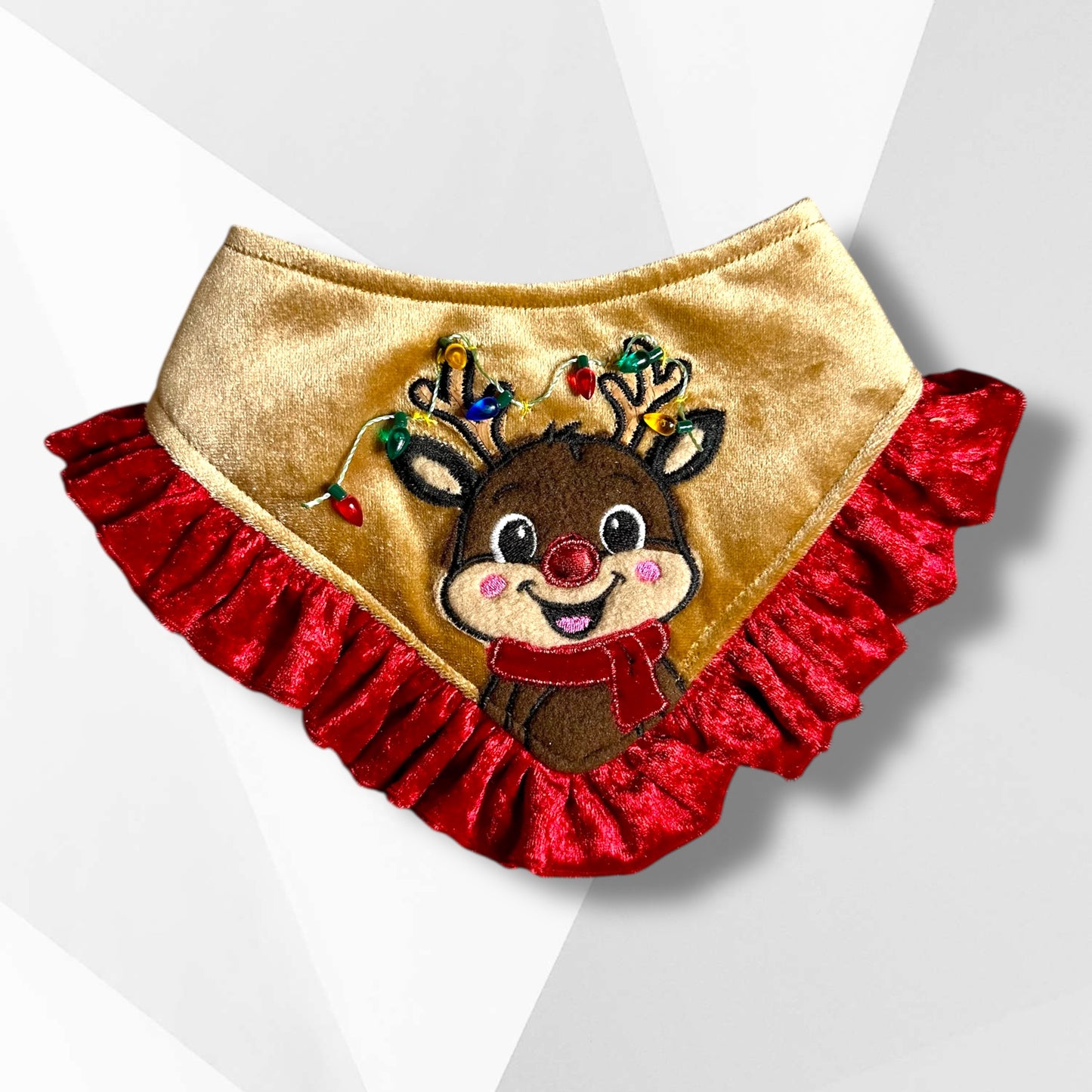 Luxury Rudolph the Red-Nosed Reindeer Appliqué Dog Bandanna – Gold Velvet Christmas Bandana with Red Ruffle (Girls) or Red Piping (Boys)