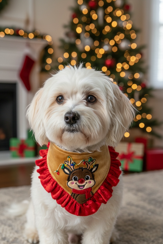 Luxury Rudolph the Red-Nosed Reindeer Appliqué Dog Bandanna – Gold Velvet Christmas Bandana with Red Ruffle (Girls) or Red Piping (Boys)