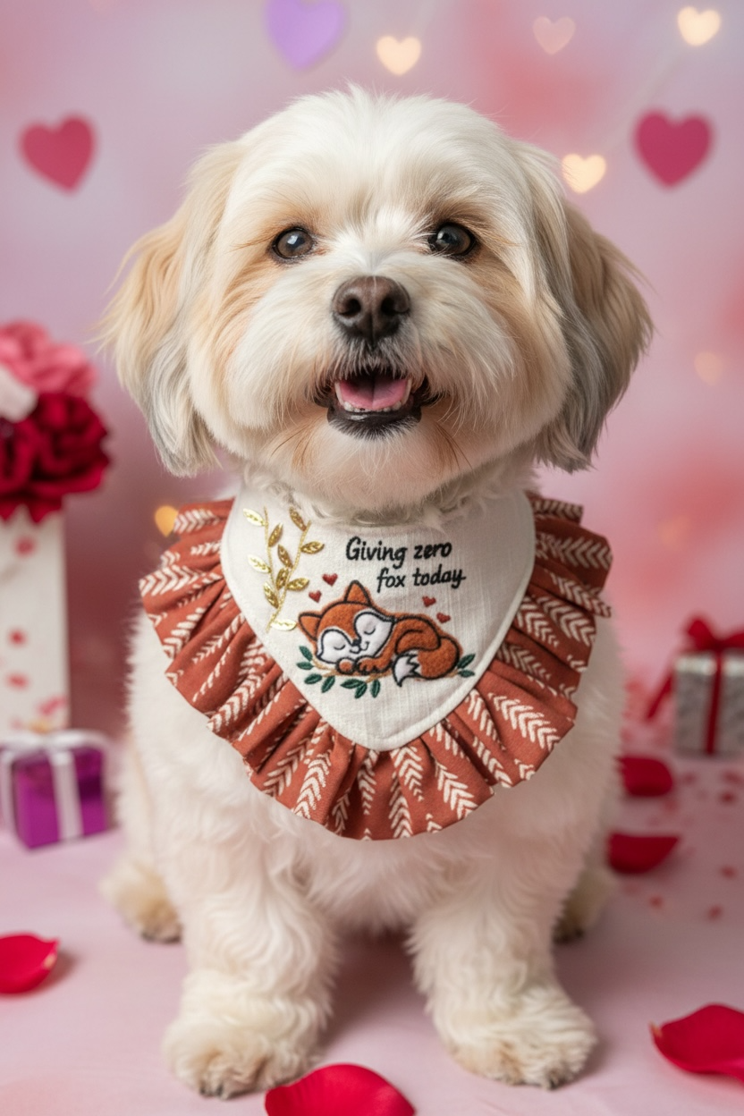Giving Zero Fox Today Valentines Day Ruffle Dog Bandanna / Luxury Fox Appliqué Dog Bandanna
